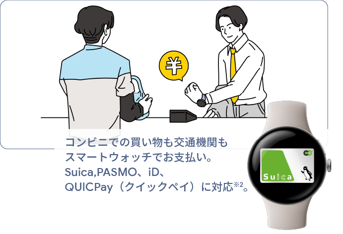 コンビニでの買い物も交通機関もスマートウォッチでお支払い。Suica,PASMO、iD、QUICPay（クイックペイ）に対応。